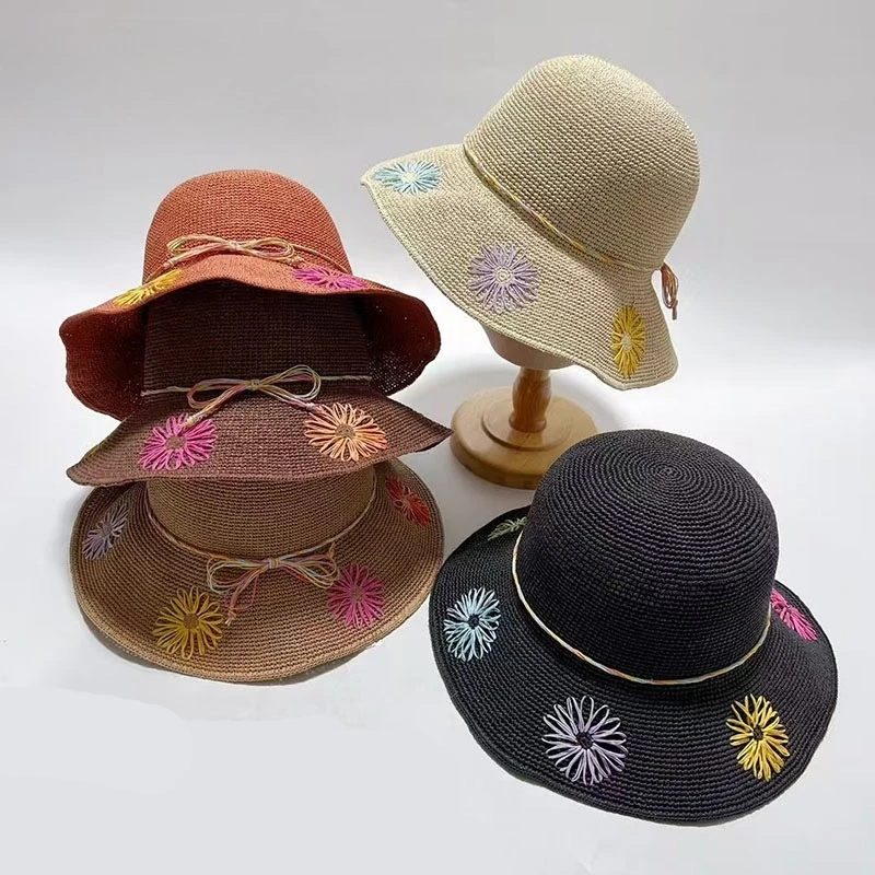 Fashion Raffia Straw Hat Female Summer Embroidery Flowers Literary Travel Holiday Seaside Beach Hat Sun Protection Big Edge Cap