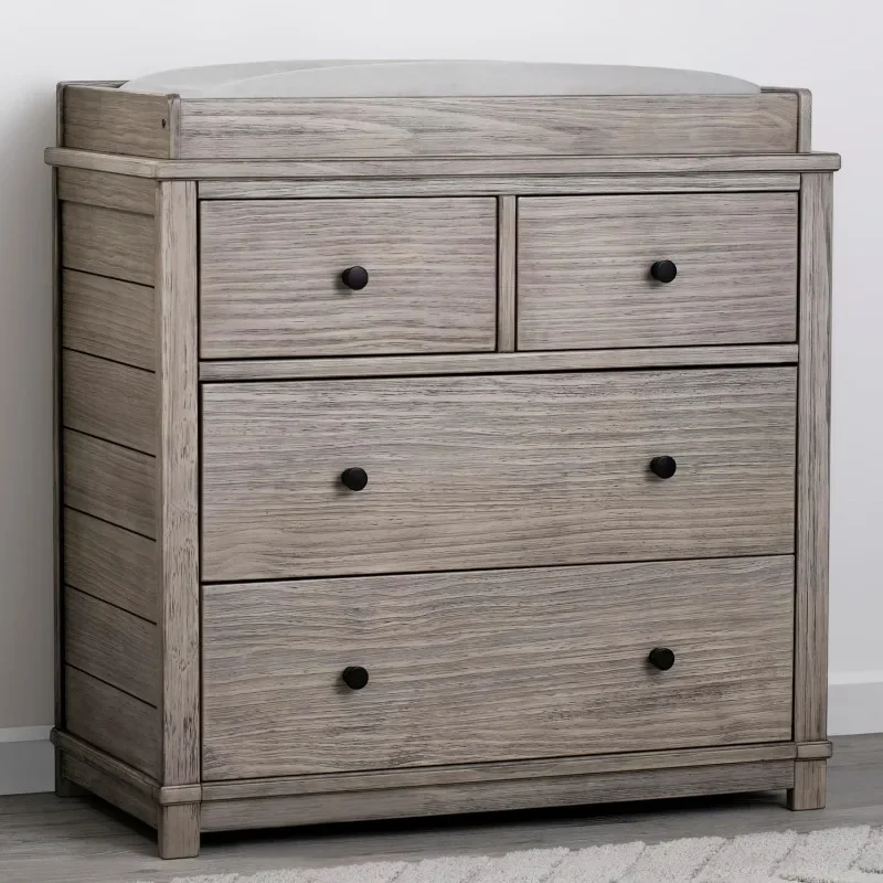 Dresser with Changing Top and Interlocking Drawers, Features A Softly Distressed Finish