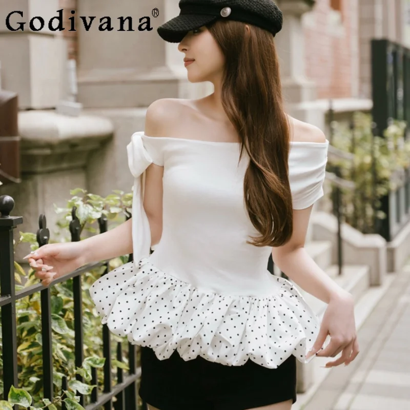 

Lady Japanese Style Fashion Sweet White Off-the-shoulder Top 2026 Summer New Girl's Polka Dot Cute T-shirt Female Slim T-shirt