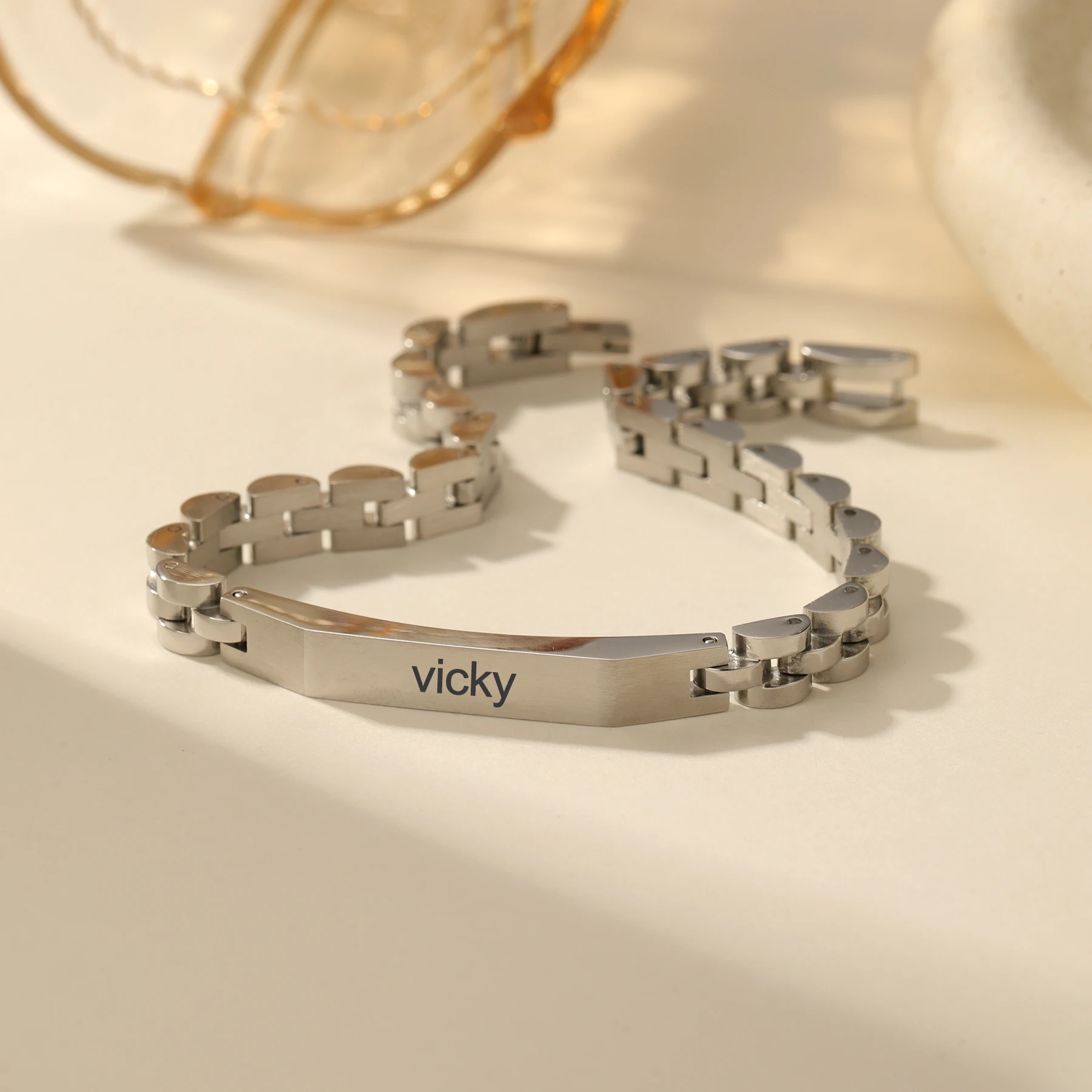 Engrave Link ID Bracelet Custom Stainless Steel Men Bracelet Personalized Name Trapezoidal Watch Bracelet Fathers Day Gift
