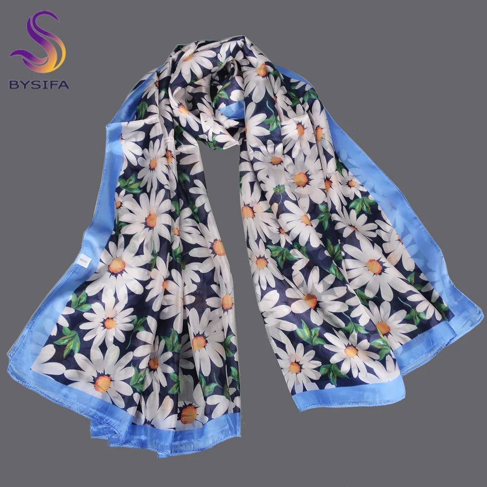 BYSIFA|Blue White 100% Silk Scarf Shawl Bufanda New Fall Winter Fashion Daisy Summer Long Beach Shawl Spring Women Brand Scarves