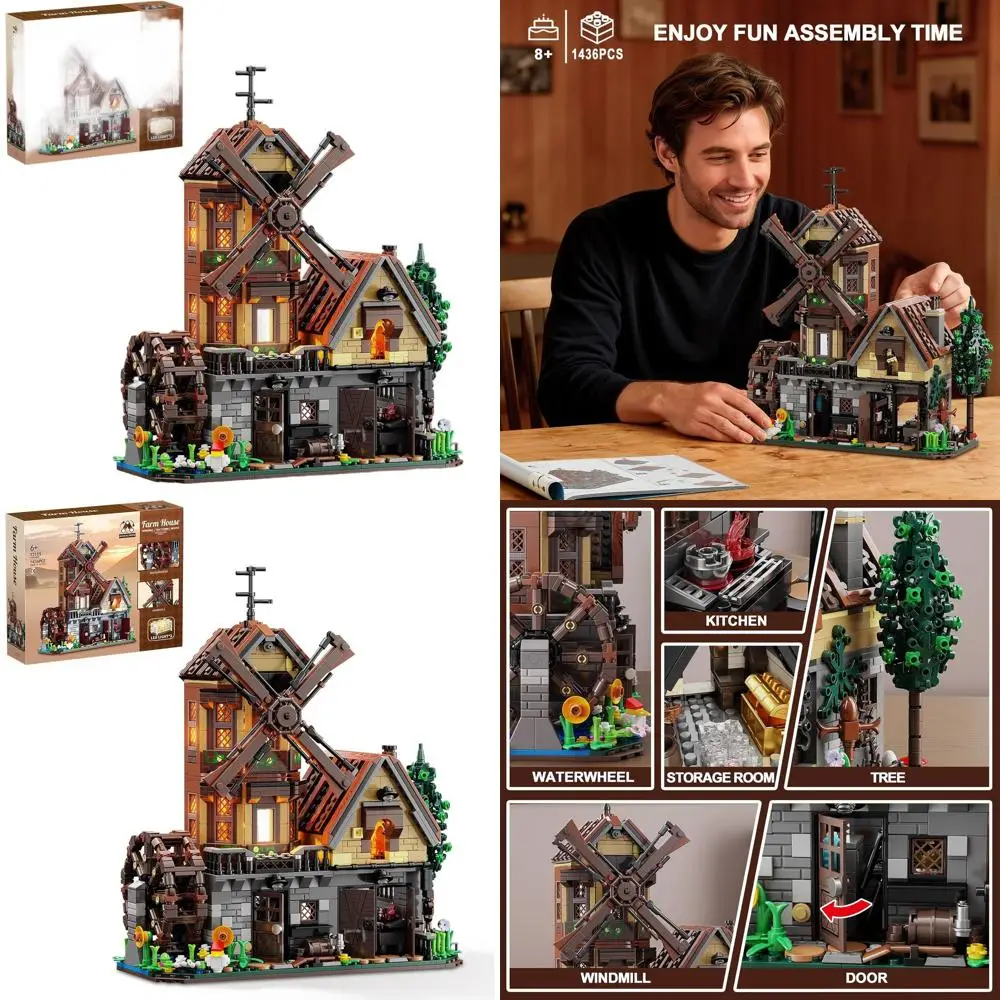 Leuchtende mechanische Bauernhof-Bausteine-Set mit Windmühle und Wasserrad, 1436 Teile für Kinder ab 10 Jahren
