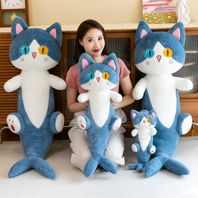 50cm Creative Different Pupil Shark Cat Doll Sleeping Pillow Kawaii Soothing Cat Plush Toy Long Striped Leg Clip Doll