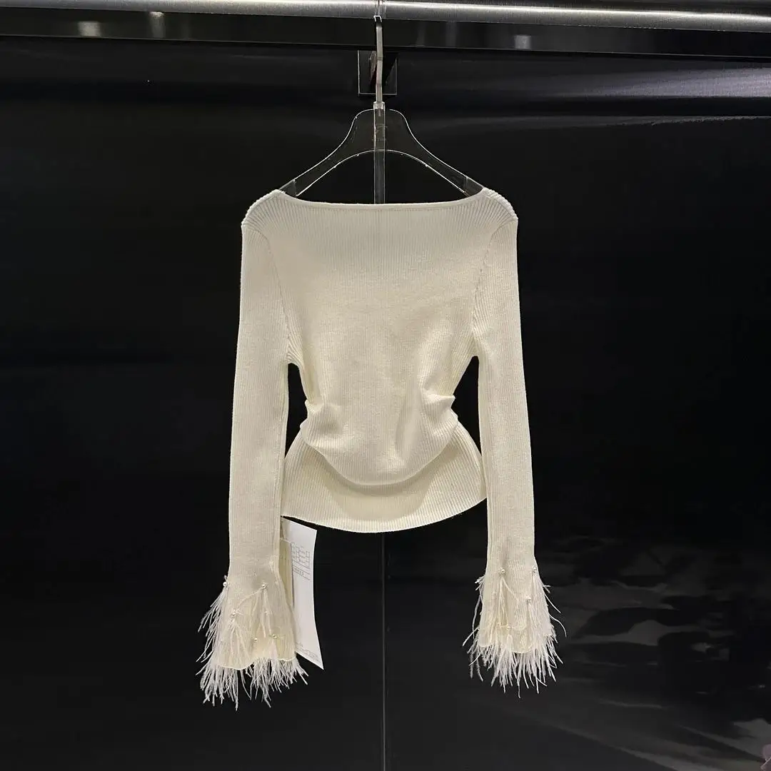 French Gentle Style Versatile Heavy Industry Beading Feather Bell Sleeve Bottoming Shirt for Women Autumn and Winter Sweet Top