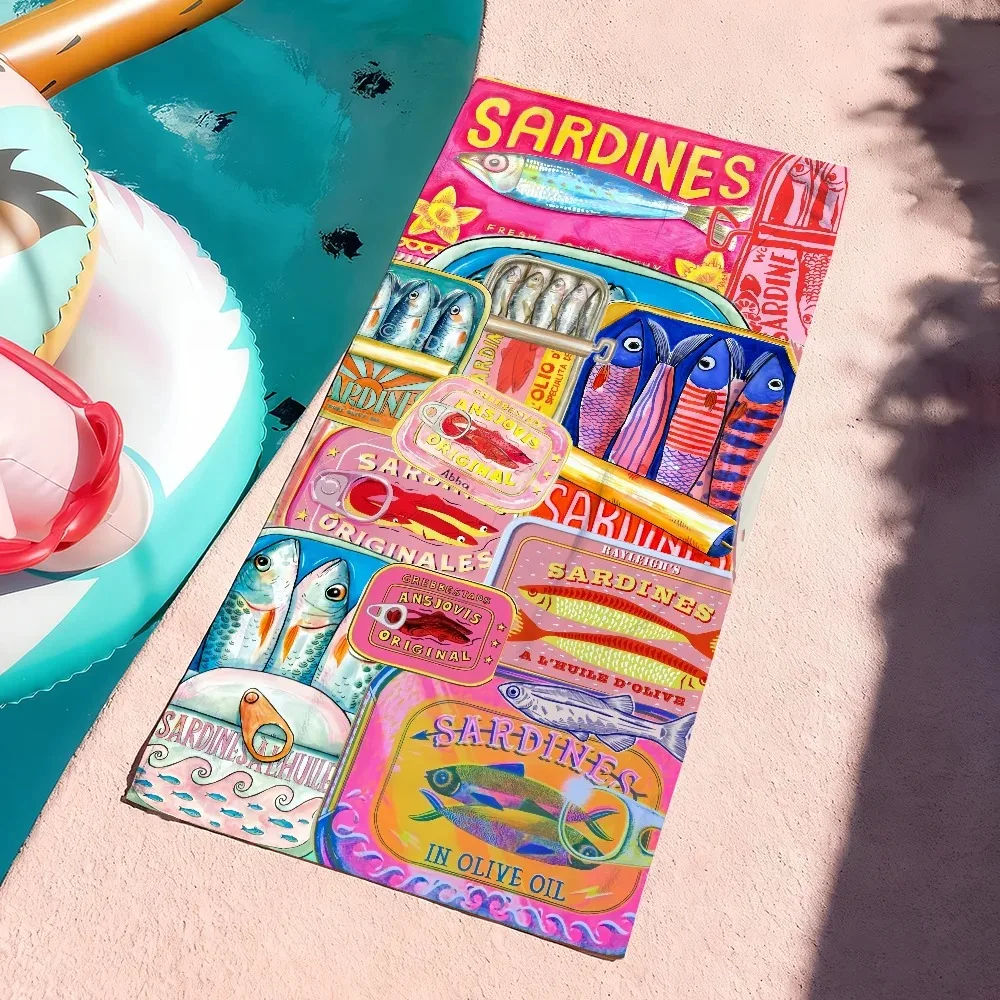 Vintage Sardine Tin Print Beach Towel Microfiber Quick Dry Soft Absorbent Towel For Adults Beach Pool Yoga Travel