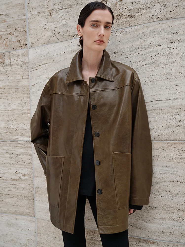 

Casual Genuine Leather Windbreaker Jackets Women Spring Autumn High-end Simple Solid Soft Oil Wax Vintage Real Sheepskin Coat