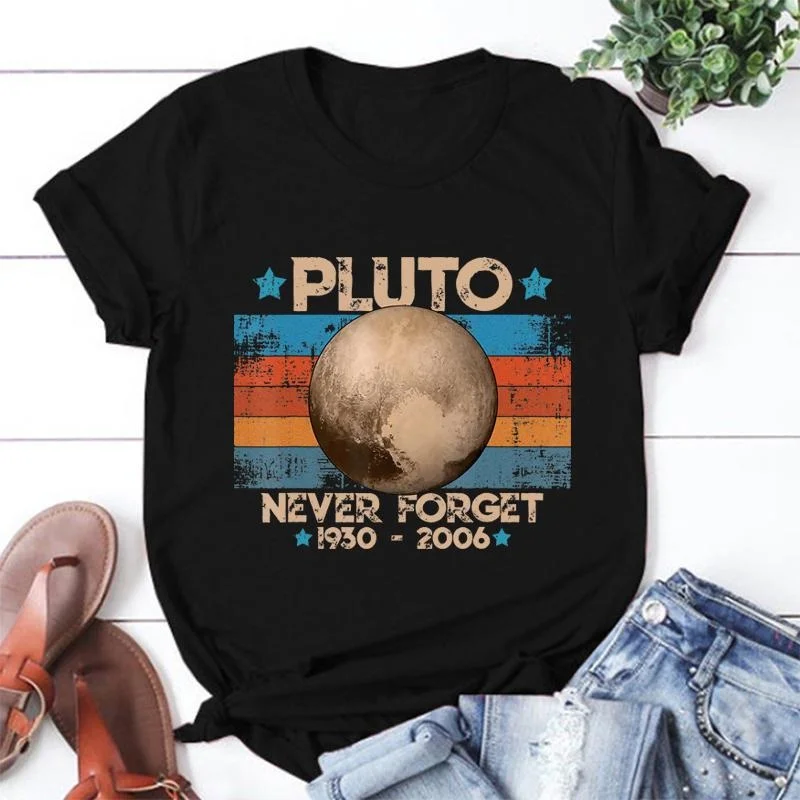 Camiseta Vintage Never Forget Plutón Nerdy Astronomy Space Science, camisetas de manga corta con cuello redondo y diseño creativo a la moda, Top Y2K