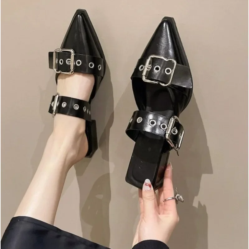 

Punk Goth Metal Buckle High Heels Women slippers Summer Pointed Toe Party Shoes Fashion chanclas Pumps Womens flip flops Tacones