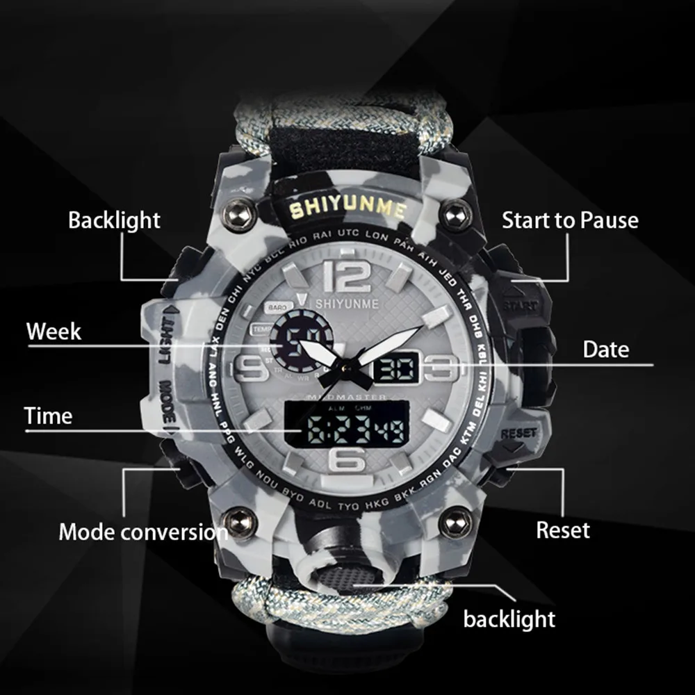 SHIYUNME Camouflage Military Outdoor Sports Men Watch G Style  Electron Watch Waterproof Compass LED Quartz Dual Display Watches