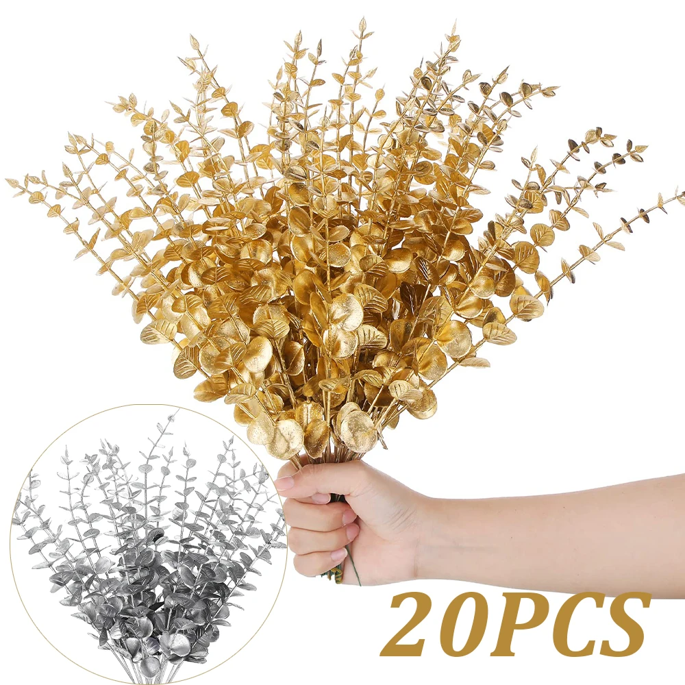 20pcs Gold Silver Eucalyptus Artificial Plants Branches Faux Flowers for Winter Wedding Floral DIY Christmas Home Table Decor
