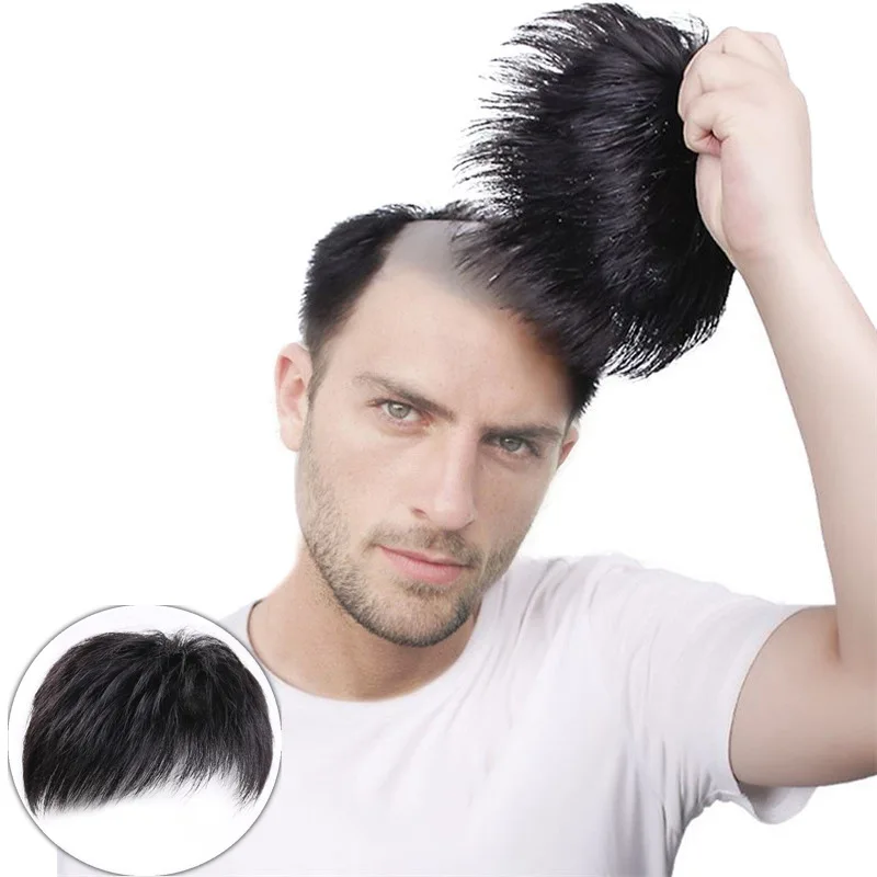 Wig piece men\'s hair patch forehead baldness cover white hair natural breathable synthetic fiber high temperature silk