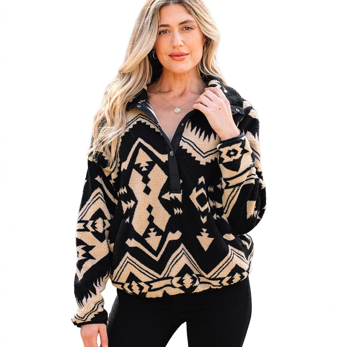 Sweat-shirt ample à manches longues pour femme, demi-fermeture éclair, imprimé géométrique, grande poche, haut chaud, nouvelle collection automne hiver 2025