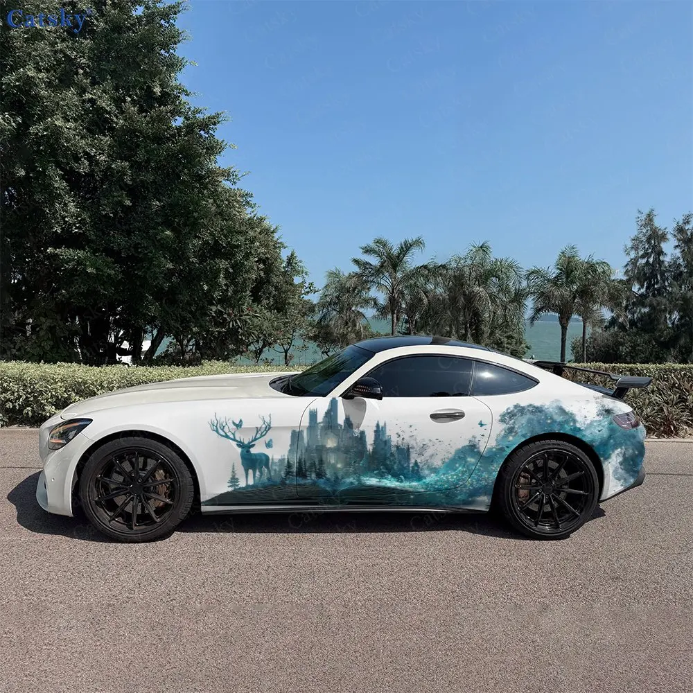 2pcs Blue Woods Deer Magic Castle Car Side Wraps, Self-Adhesive PVC Waterproof & Scratch-Resistant Stickers, Car Accessory Gift