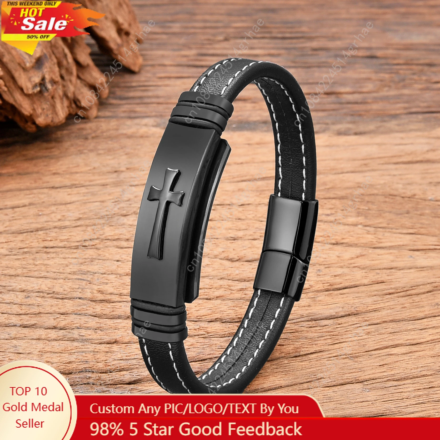 

Black Gold Plated Cross Stainless Steel Bracelet for Men, Weaving Leather Chain Jewelry Accessory, Punk Bracelets, High Quality