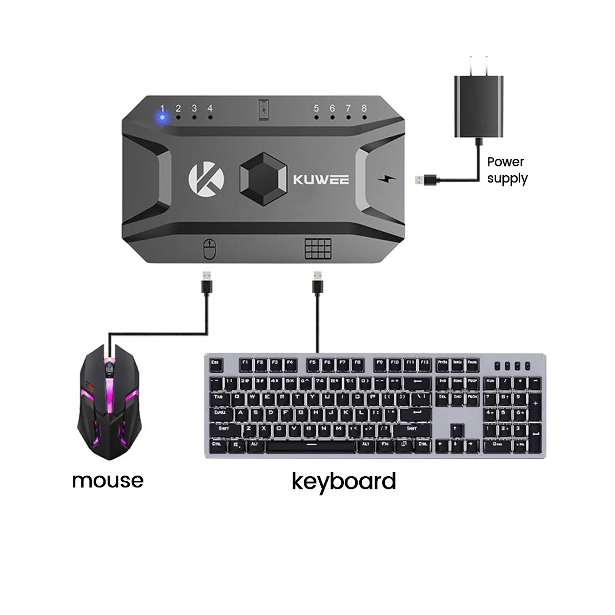 Konverter Bluetooth Hub USB 5.0 Keyboard berkabel & Mouse ke adaptor Hub nirkabel mendukung 8 perangkat untuk Tablet,Laptop, ponsel