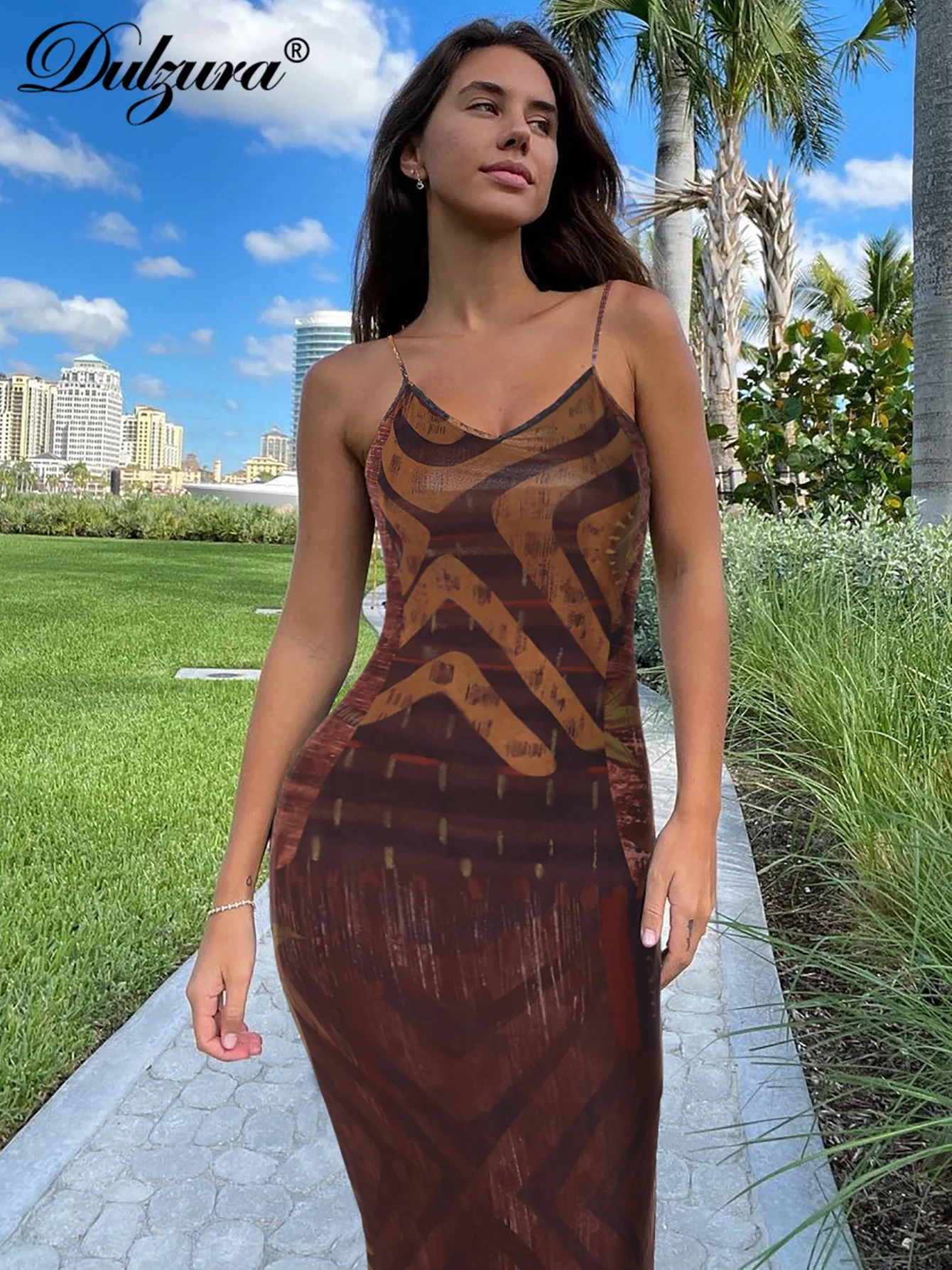 Dulzura Sexy Elegant Printed Midi Dress Spaghetti Strap Backless Women Dresses Lady Evening Party Club Drop Shopping Y2K Clothes