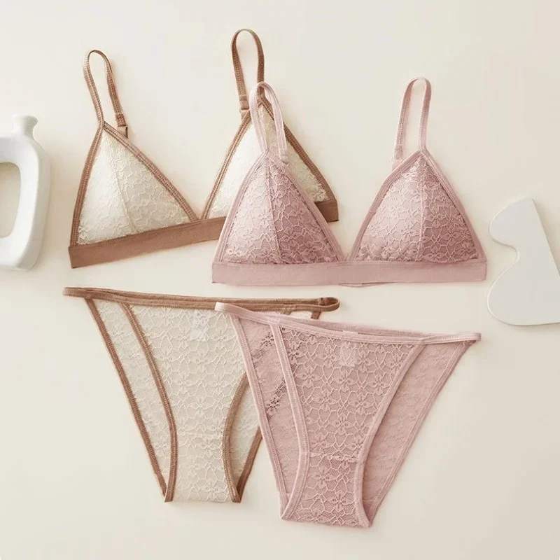 

Women Lace Bra And Panties Set Wireless Bralette Low Waist Panties Female Transparent Sexy Lingerie Seamless Underwear Set