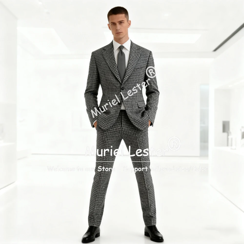 الكلاسيكية رمادي houndstooth البدلة الملابس للرجال 2 قطعة مجموعات تويد الصوف مزيج الأعمال الحلل مخصص العريس الزفاف البدلات الرسمية #4