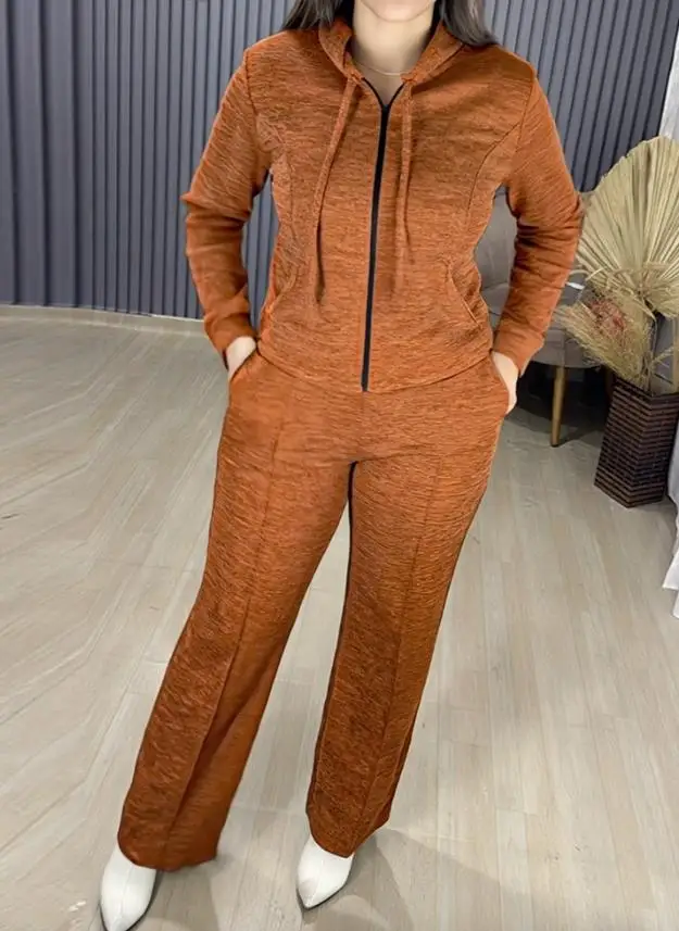 

Two Piece Set Women Outfit 2025 Spring New Long Sleeve Hooded Knit Cardigan & Casual Pocket High Waist Wide Leg Pants Set