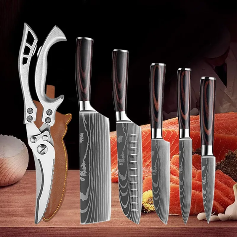 1-6pcs Damascus Steel Pattern Chef Knife Household Meat Cleaver Vegetable Slicing Knife Peeling Knife Sharp Kitchen Scissors