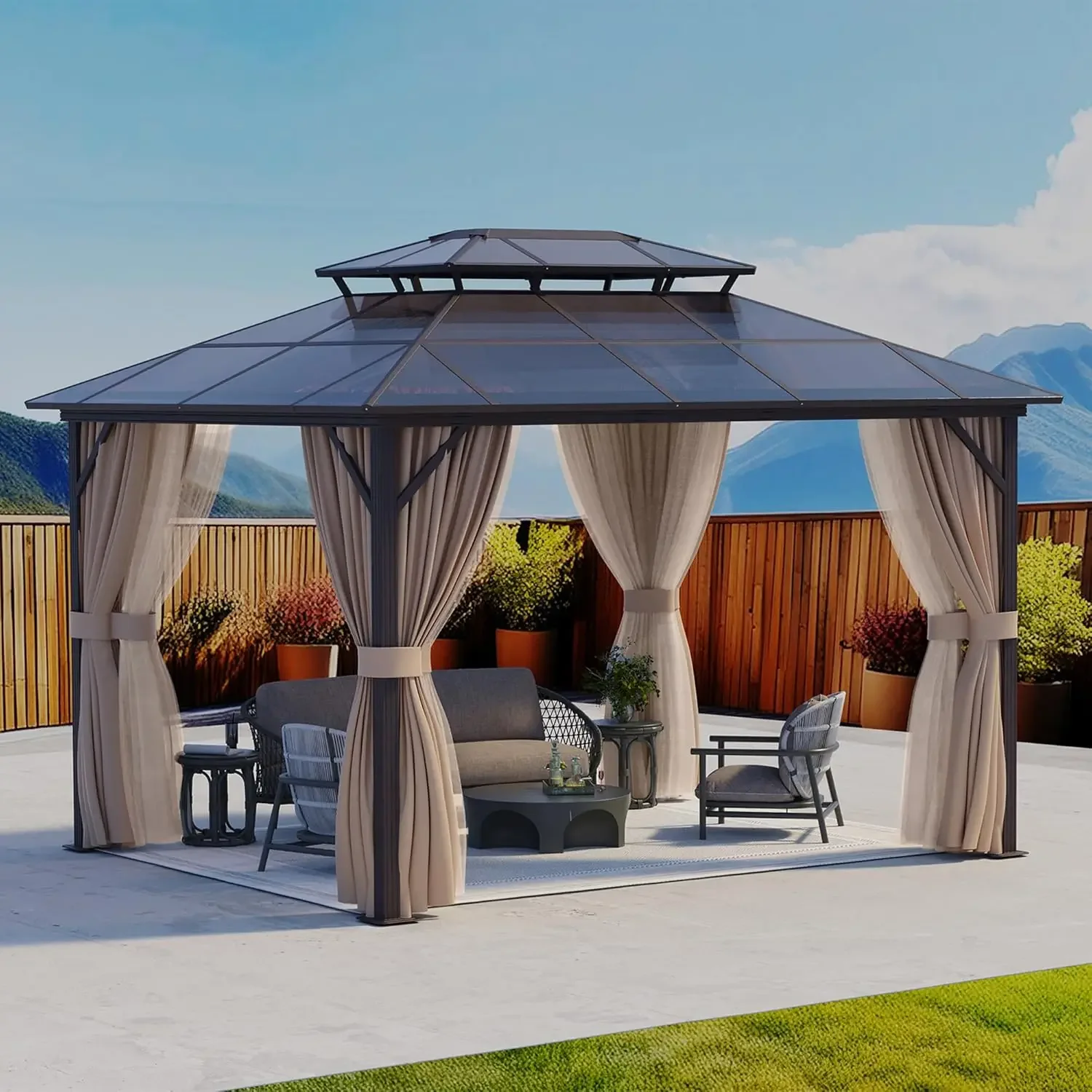 

10'x13' Hardtop Gazebo, Aluminum Frame Permanent Pavilion with Curtain and Netting, Pergola for Patio Lawn Garden Backyard