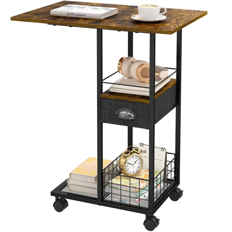 

CShaped Side Table with Wheels and Oversized Wood Top, Mobile Overbed Stand with Drawer for Bed or Sofa, Metal Frame Couch Comp