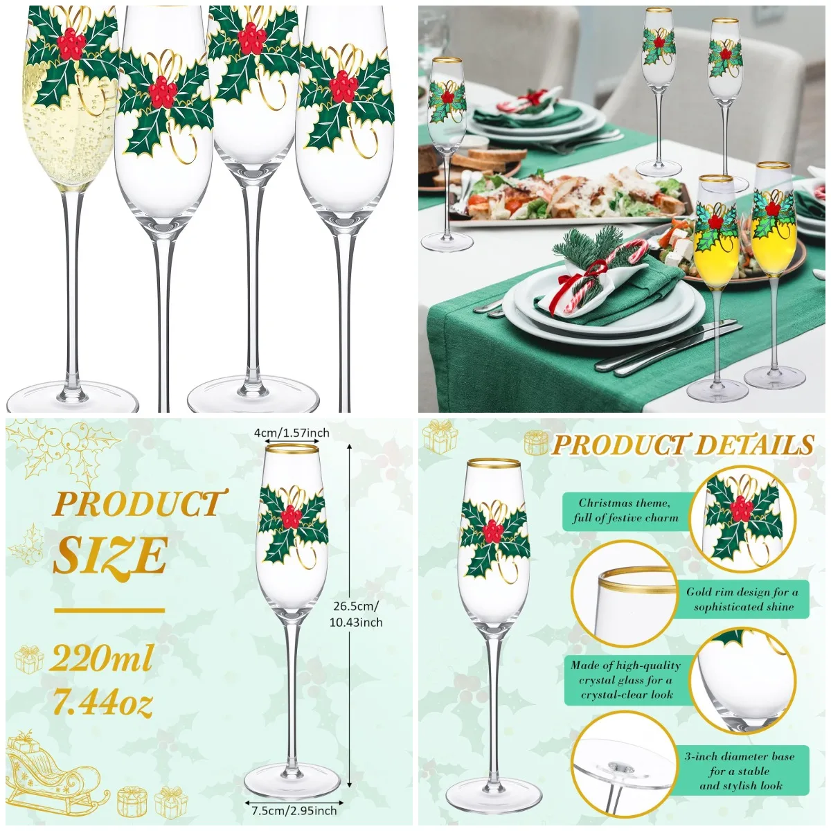 

4 Pcs Gold-Rimmed Christmas Champagne Flutes, 7.4oz Sparkling Wine Glasses with Holly & Leaves Design