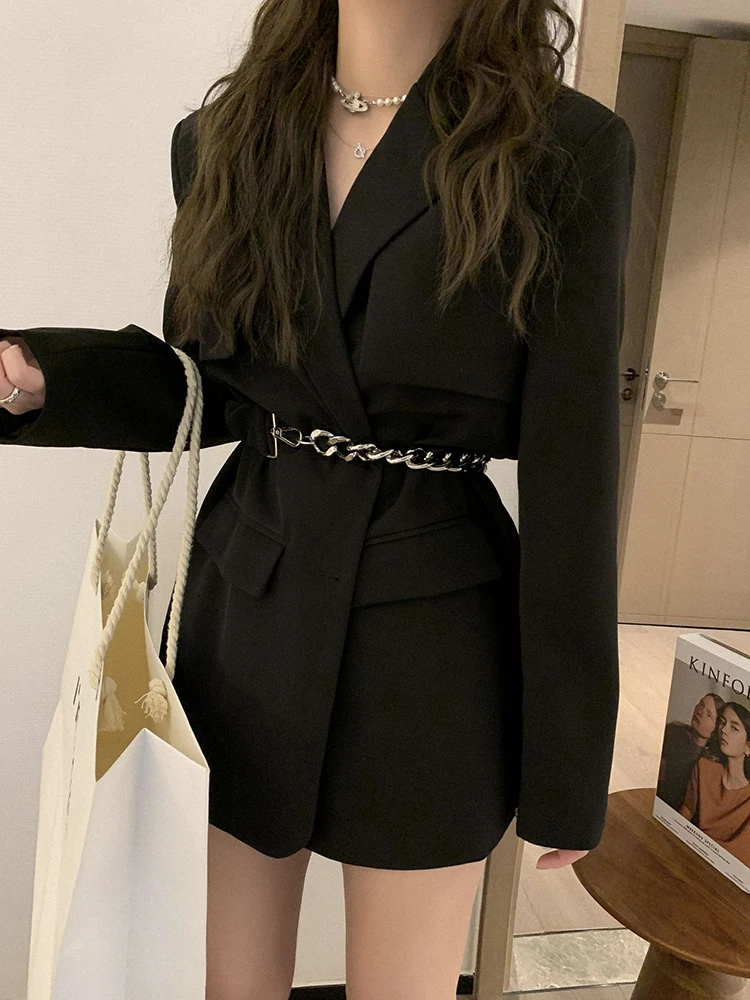 LANMREM Korean Fashion Blazer Coat For Women Single Breasted Long Sleeves Metal Belt Coats Female Clothing 2024 New 2YA1106