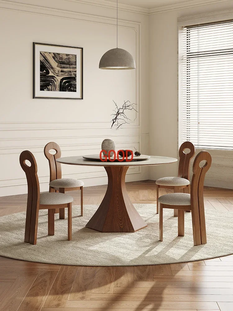 Nordic Solid Wood round Table Household Restaurant Dining Table with Turntable Walnut Retro Chic Simple Modern