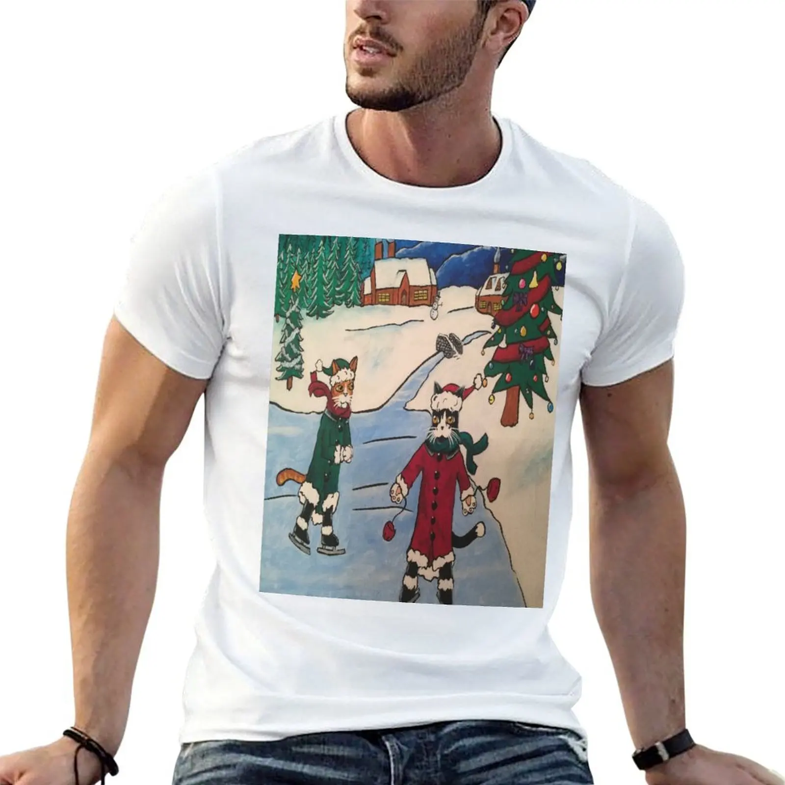

Christmas Ice Skating Cats T-Shirt cotton t shirt man t shirts for man pack white T-Shirt