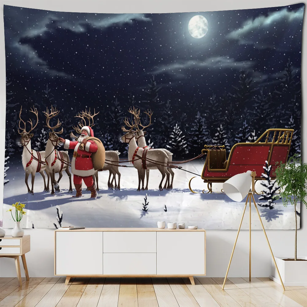 Christmas tapestry wall hanging, snow landscape Santa Claus background poster, Christmas gifts, home decoration sofa cover