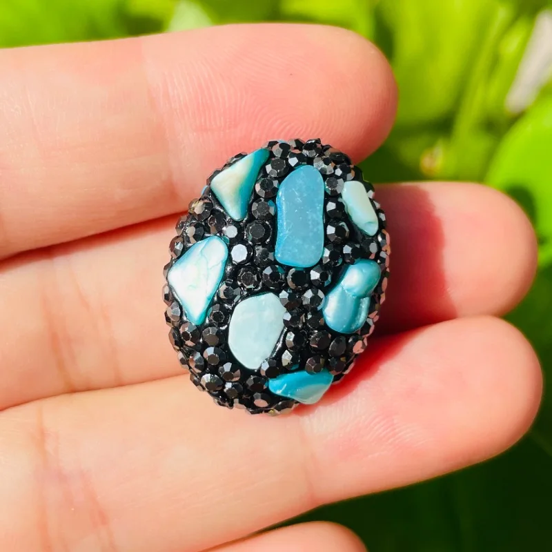 5pcs High Quality Light Blue Stone Black Rhinestone Pave Oval Focal Beads Spacers for Women Bracelet Necklace Making Jewelry DIY