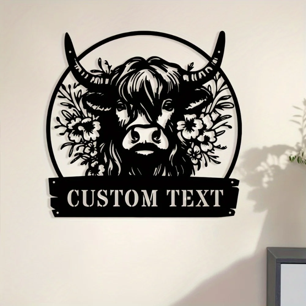 

Unique 1pc Custom Metal Highland Cow Outline Stunning Engraved Family Name Wall Art Tailored House Digit Address Marker for Home