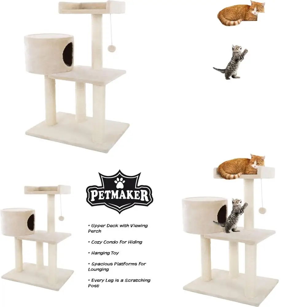 

3-Tier Beige Cat Tree with 2 Perches, Condo, 4 Sisal Scratch Posts, and Hanging Toy for Indoor Cats