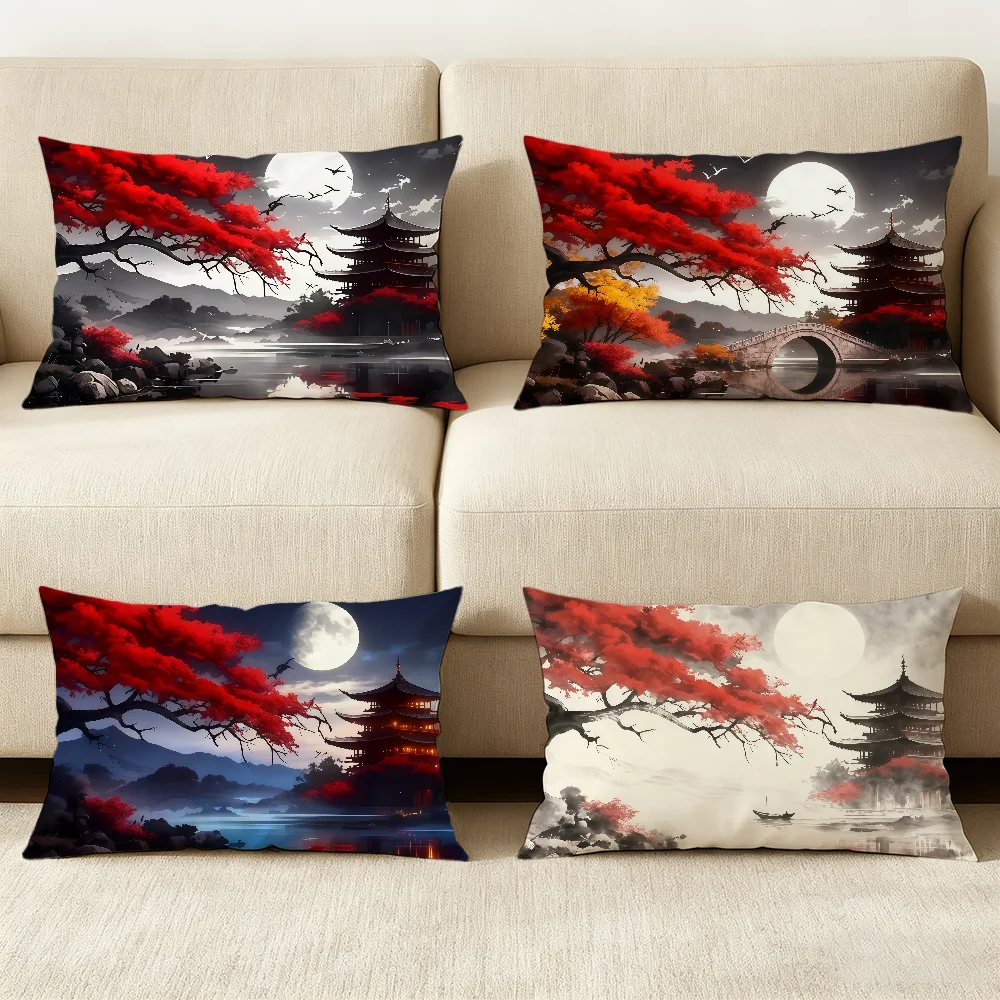 Japanese Building landscape red c cushion cover Hit product Sofa living Room Office Rectangle Pillow Home Coffee Shop Bedding