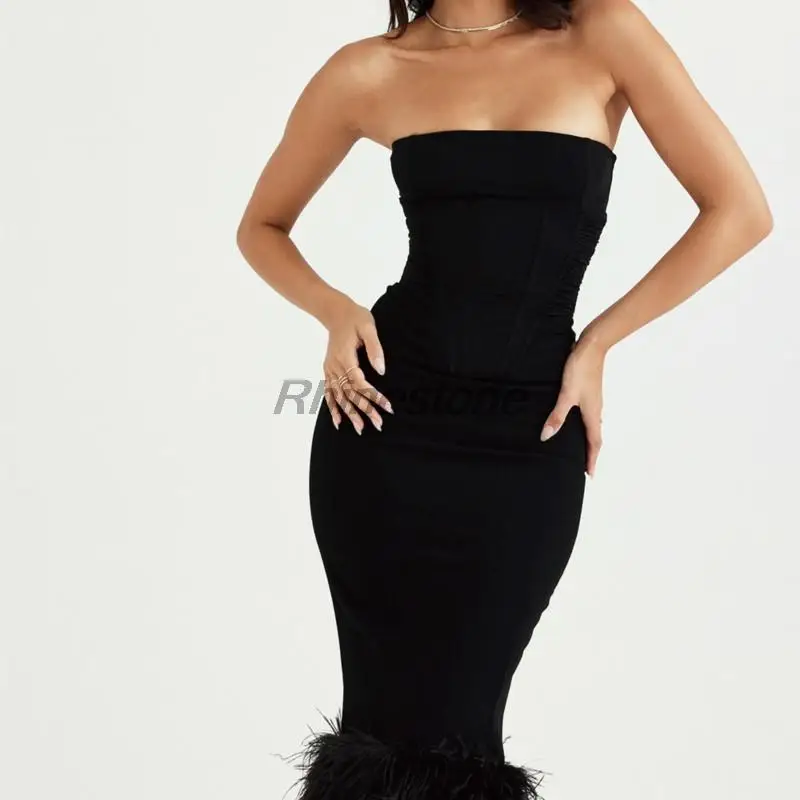 Elegant Temperament Feather Hemline Sexy Strapless Buttocks Wrapped Dress Evening Gown