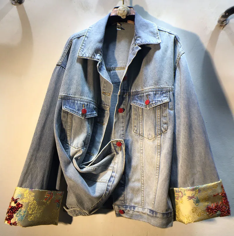 

Chinese Style Curled Cuffs Beading Sequins Loose Long Sleeve Women Denim Jacket Single-brteasted Casual Coat New Spring Outwear