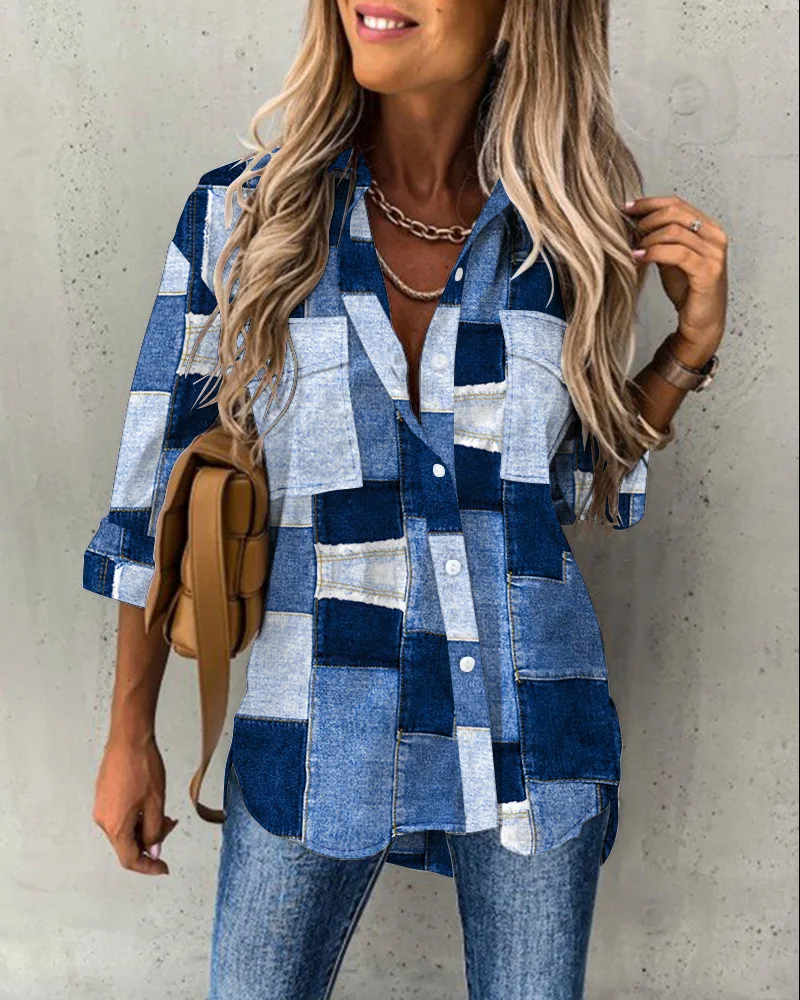 Denim Look Print Pocket Design Shirt Women Fashion Casual Plaid Summer Spring Fashion Casual Shirts Blouse