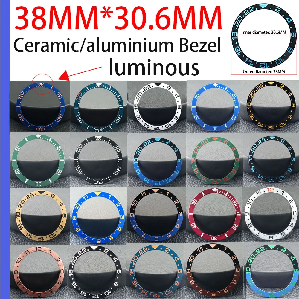 Inserciones de reloj de buceo y GMT con bisel luminoso de cerámica/aluminio inclinable, 38mm x 30,6mm, adecuado para reloj de hombre de 40mm,