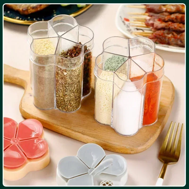 Kitchen Tools 5 in 1 Flip Seasoning Shaker Salt Sugar Bottle Container Dispenser Barbecue Transparent Jar Herb Spice Organizer