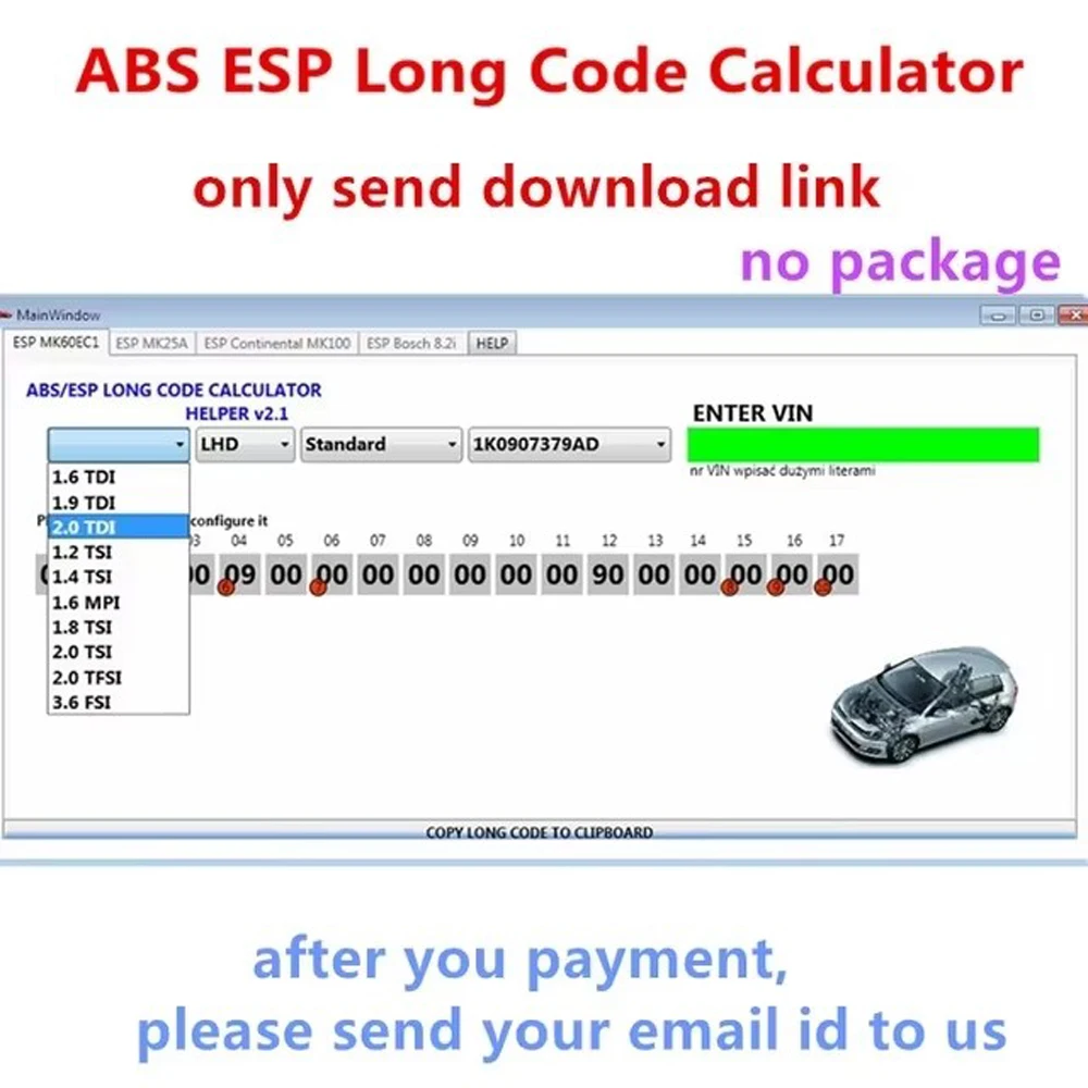 2024 لشركة فولكس فاجن ABS ESP حاسبة الرمز الطويل مساعد MK60EC1 ABS ESP برنامج حاسبة الرمز الطويل + تثبيت غير محدود + تثبيت الفيديو