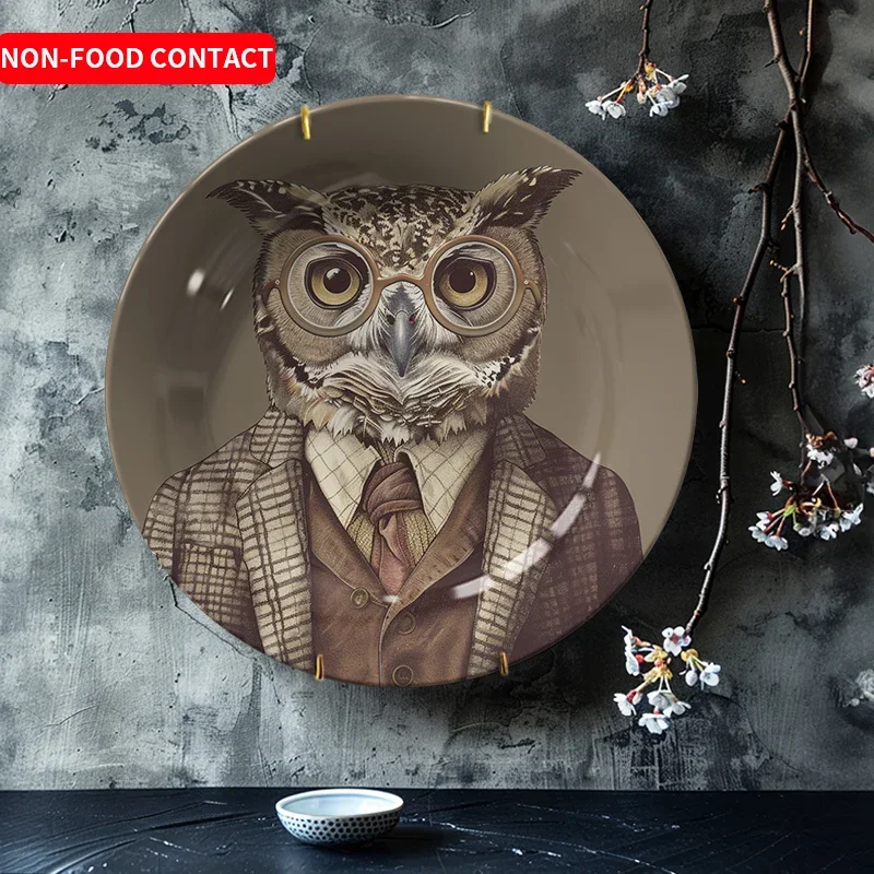 1pc Owl in Suit Ceramic Decorative Plate - Art Deco Style with Glasses & Tie Design, Circular Non-Food Contact Home Decor for