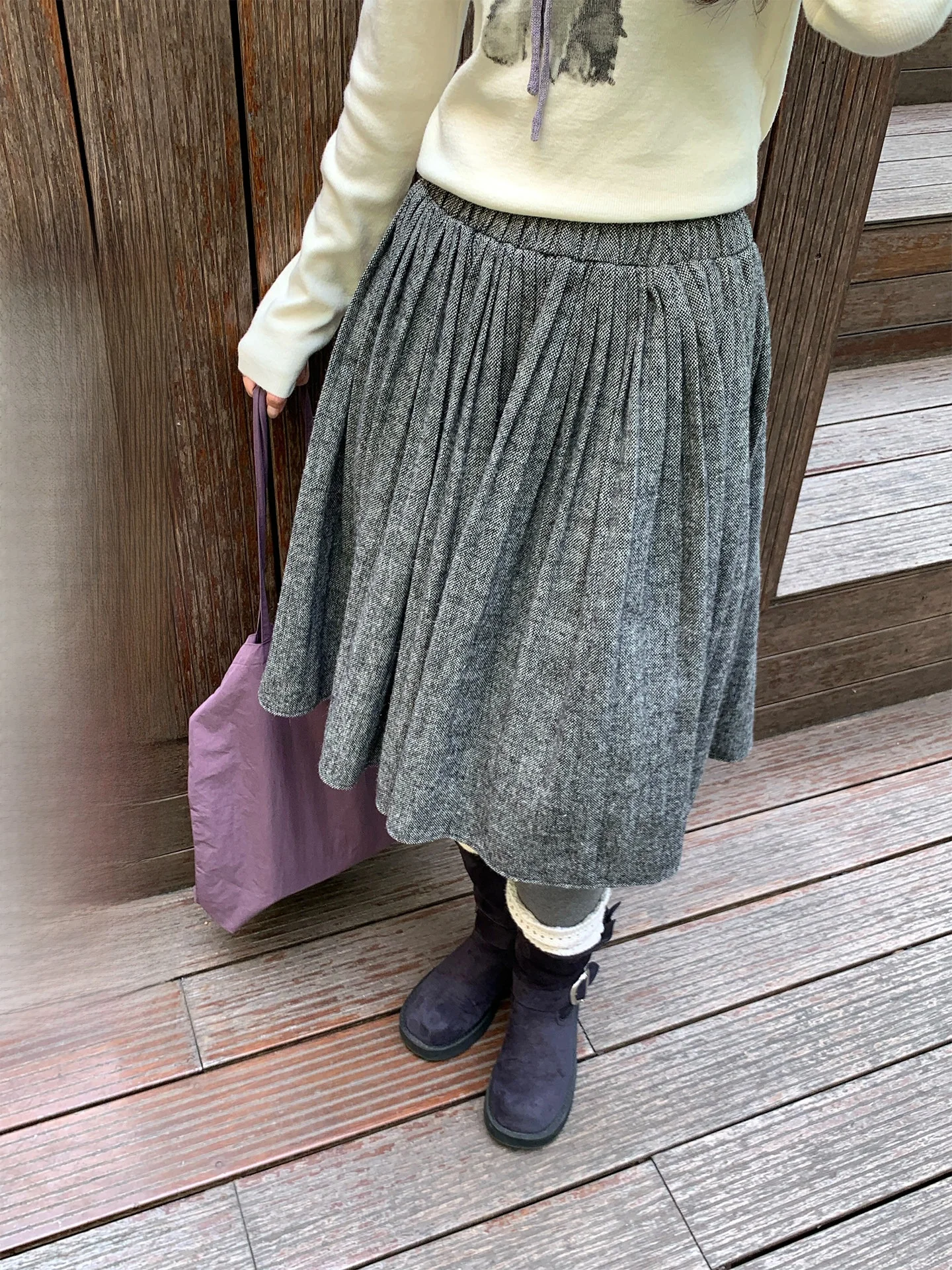 

High Waist Midi Woolen Plaid Skirt Holli Korean Sle Versatile Elastic Waist f-length Skirt Warm Fro for Women
