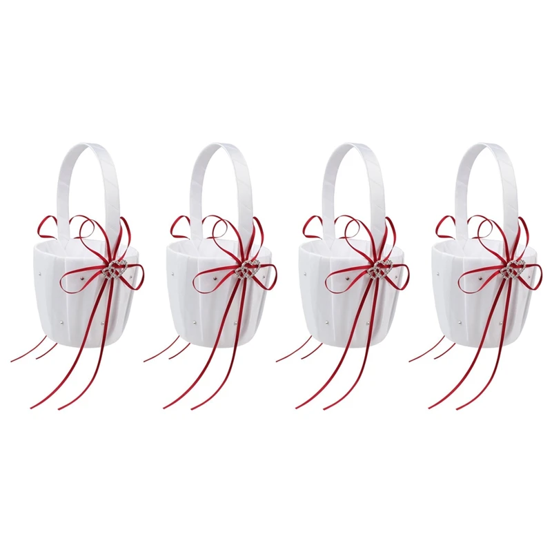 

4X Double Heart Wedding Flower Girl Basket White Satin Rhinestone Decor Red Wedding Ceremony Party Favor