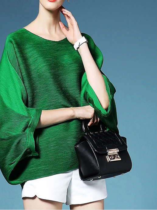 Spring Summer Women's Loose Batwing Sleeve T-shirt Pleated Casual Style Pure Color Spring Awakening Top High Waist Design