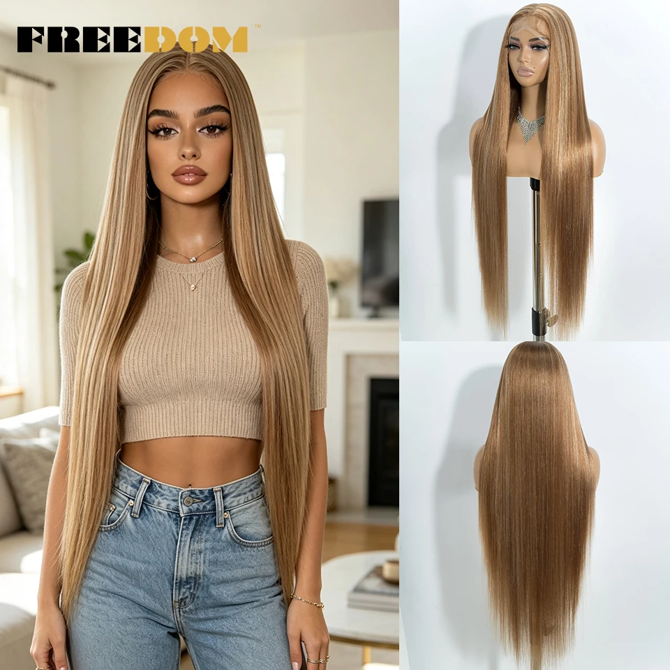 FREEDOM Lange Yaki Glatte Synthetische Lace-Front-Perücken für Schwarze Frauen 38 Zoll Ombre Braun Pfirsich Rosa Spitzenperücke für den täglichen Gebrauch – Detail 7
