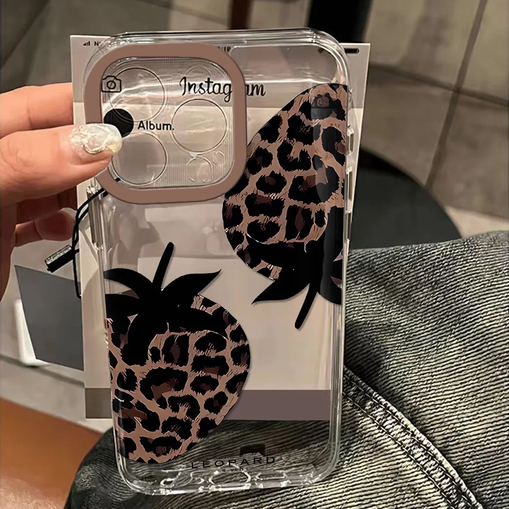 leopard print strawberry Clear Space Phone Case For Oppo F11 Find X5 Reno 6 7 7Z 8 8T 10 11 12 Realme 9 C30 C53 C63 Pro Plus 5G