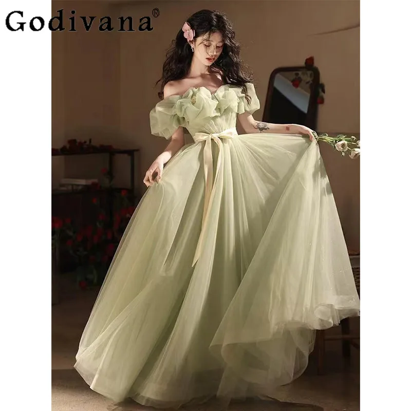 

Temperament Slash Neck High Waist Gauze Princess Evening Dress Ruffles Fashion Versatile Elegant Fairy Floor-length Dresses