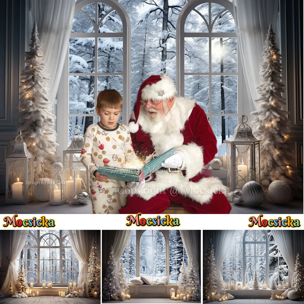 Winter Christmas Room Backgrounds for Studio Frozen Pine Tree Scenery Window Curtain Candle Decor Backdrops Photography Banner