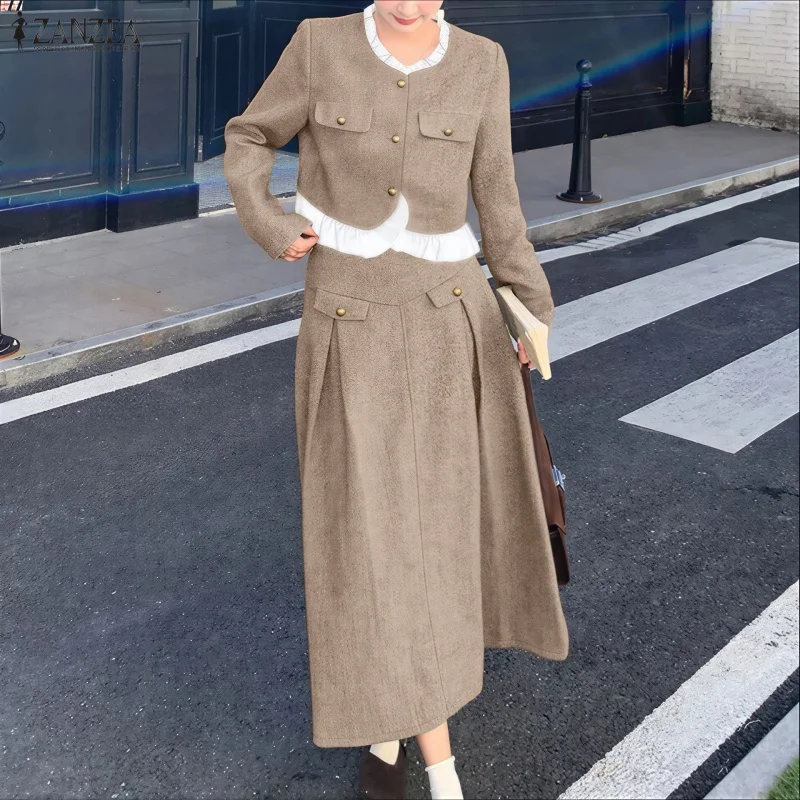 

Комплекты ZANZEA 2026: элегантные офисные костюмы для женщин, весенние комплекты с длинным рукавом, стильные платья-рубашки и юбки макси в стиле пэчворк